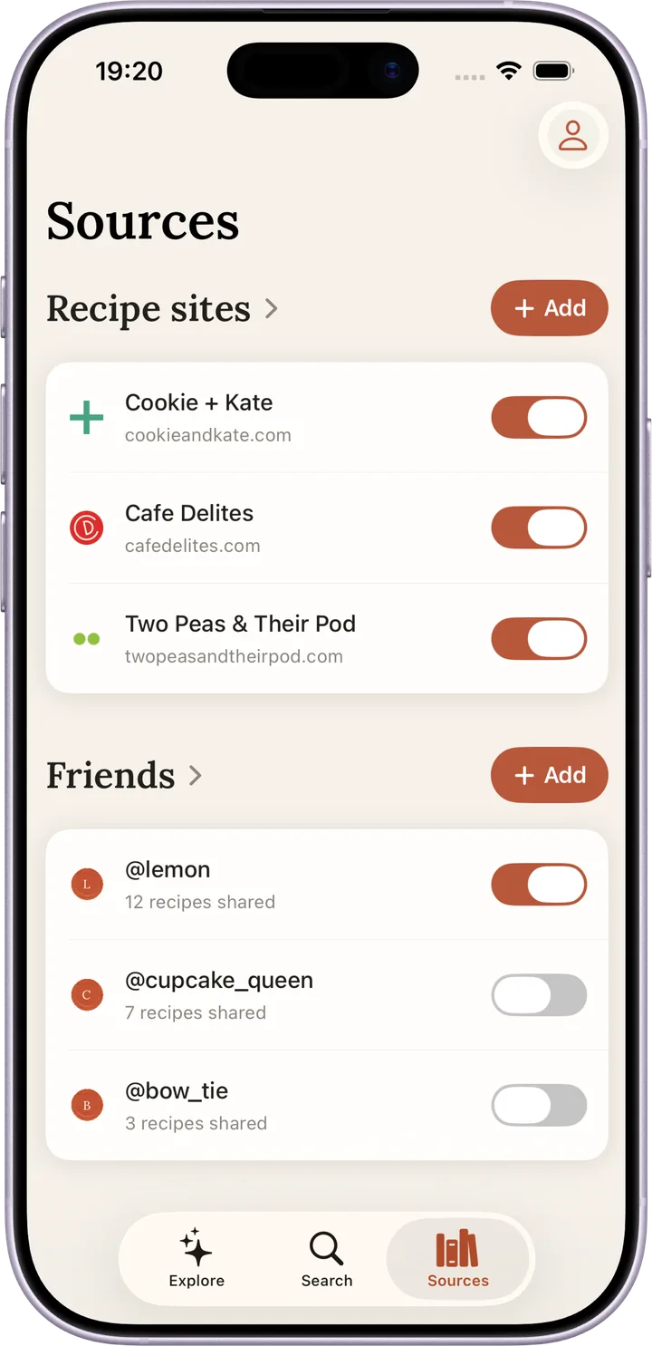 The Sources screen, with recipe sites and friends each on their own toggle.