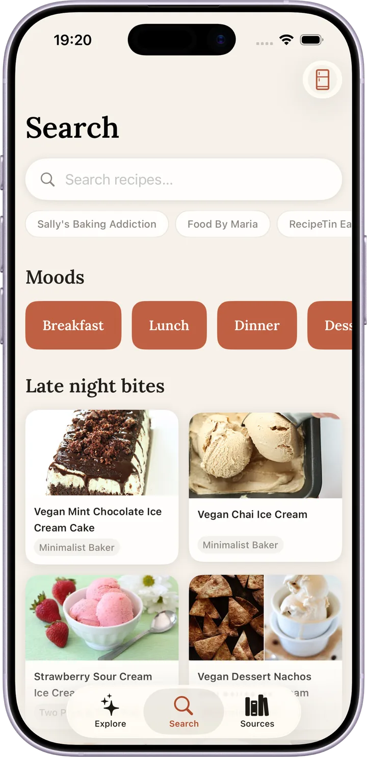 Search, showing mood chips and a Late night bites shelf.