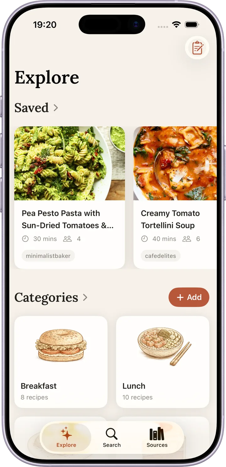 The Explore screen, with saved recipes above illustrated categories.