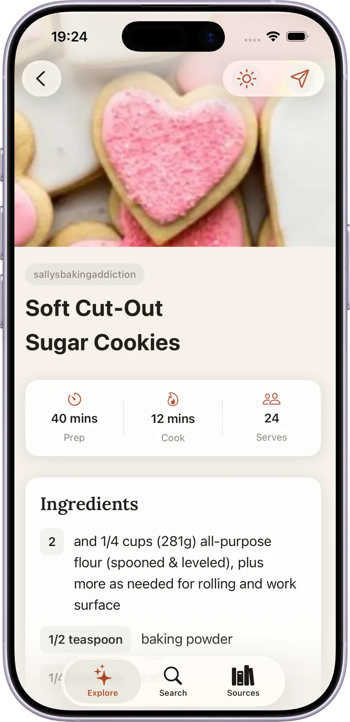 A recipe open at Soft Cut-Out Sugar Cookies, with times and ingredients.