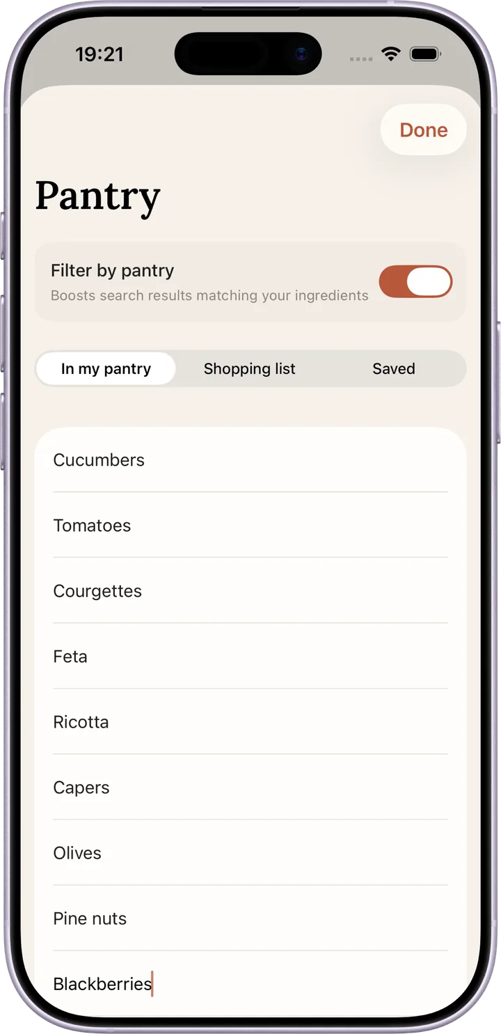 The Pantry, listing ingredients to hand, with filter by pantry switched on.